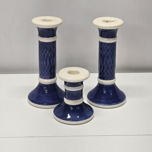 Vtg Set of 3 Candlestick Holders Striped Blue White 7" & 3.5" Tapered Candles